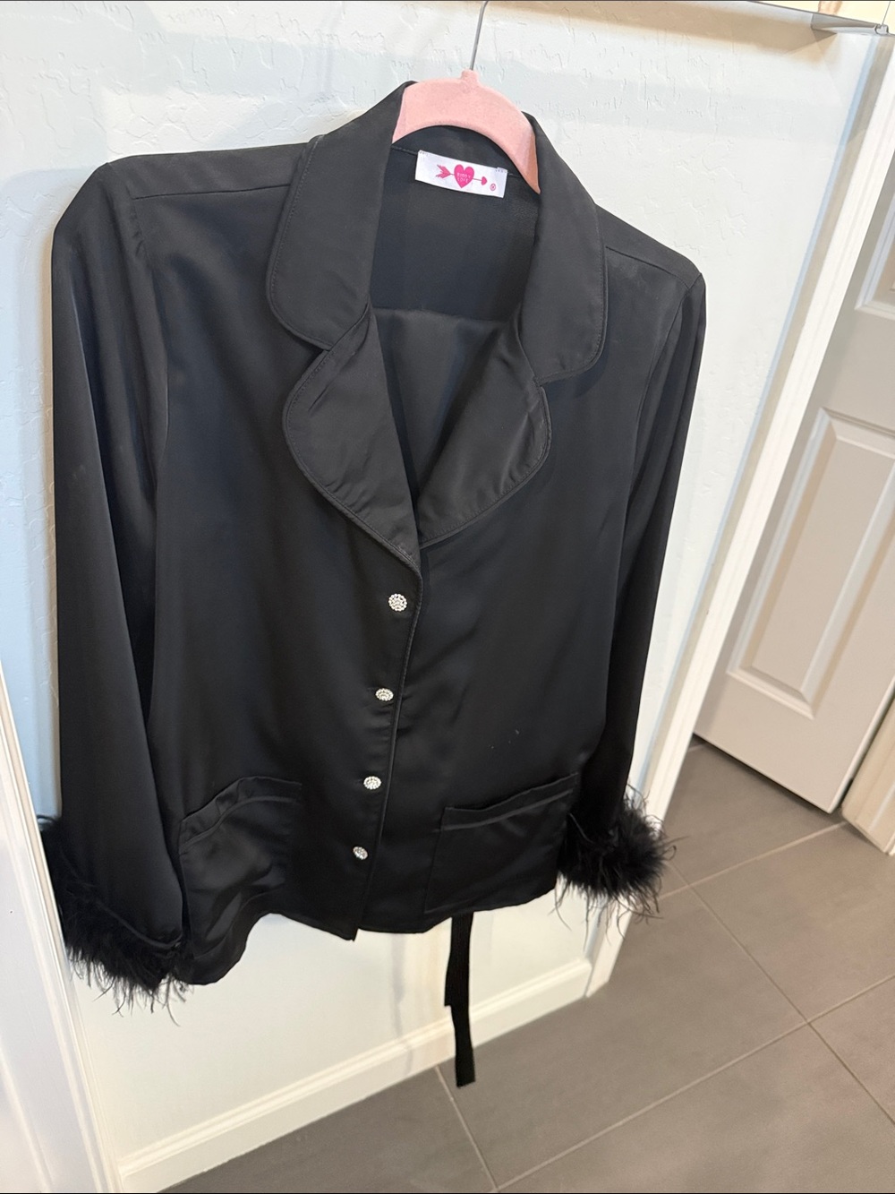 Buddy Love Black Satin Feather-Trim Button-Front Jacket